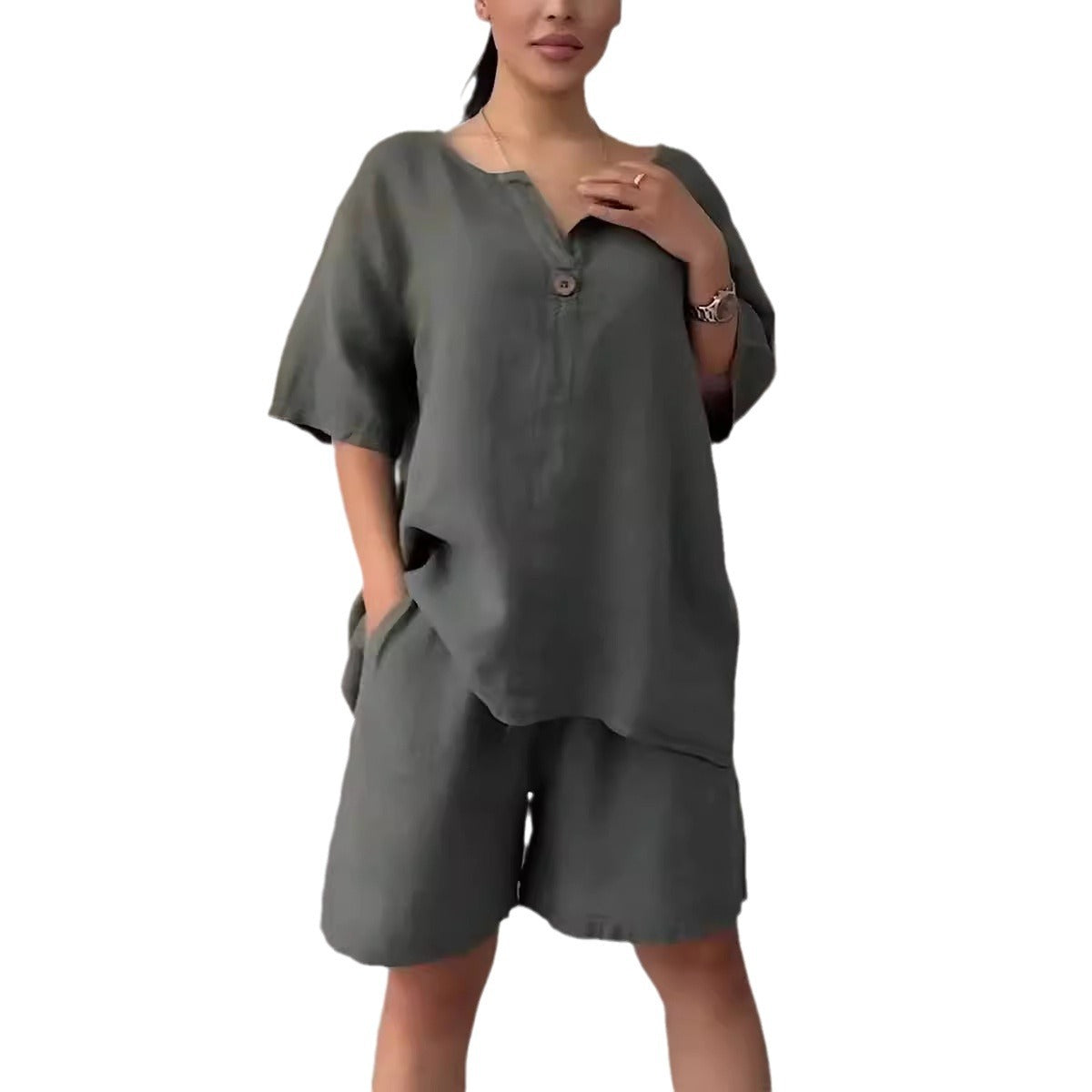 Cotton-linen Shirt Set With High-waisted Loose Shorts For Women LadyShow.Store