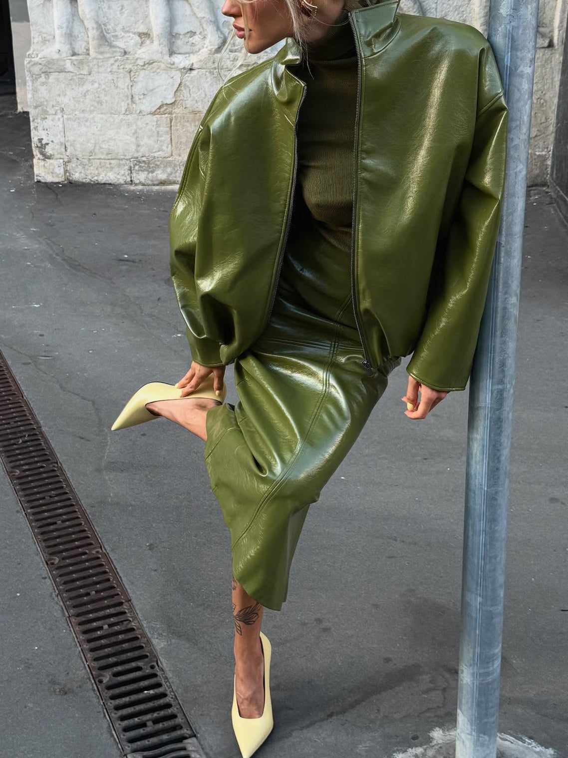 Olive Green Faux Leather Jacket And Midi Skirt Set NorixaFashion.com