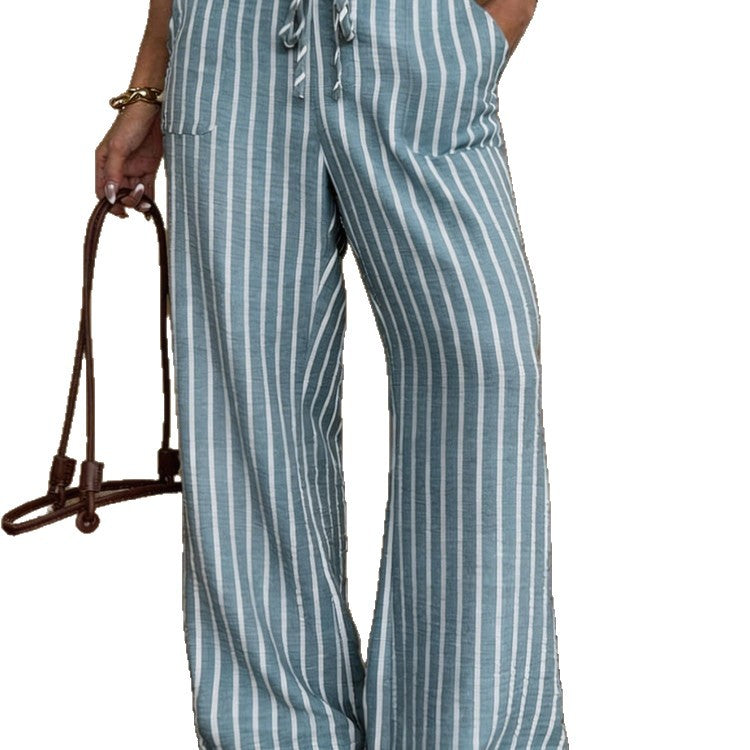 Striped Loose Commuter Casual Lace-up Elastic-waist Wide-leg Trousers NorixaFashion.com