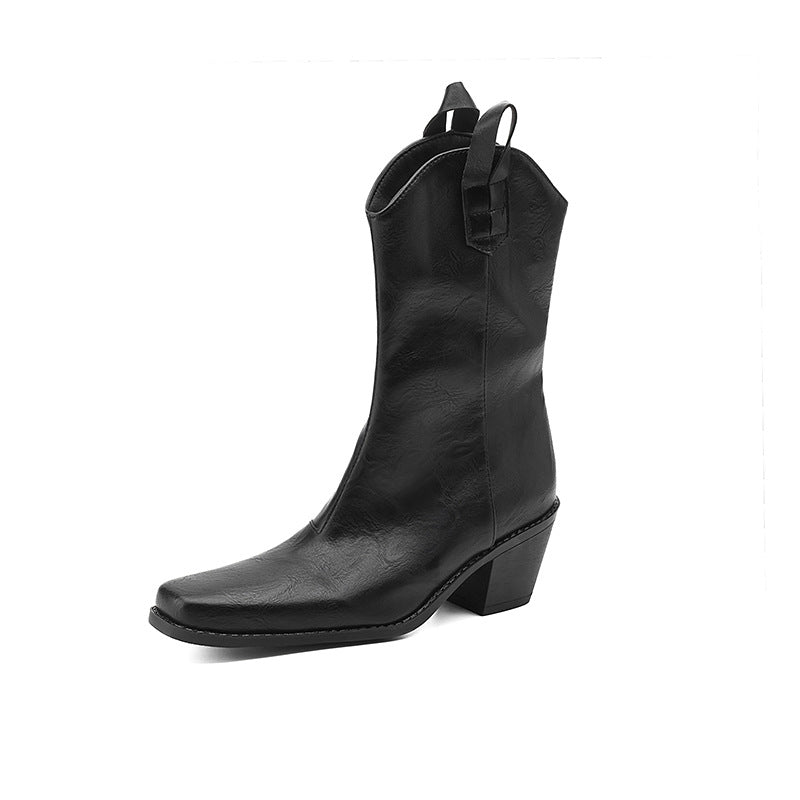 Retro Square-toe V-cut Mid-calf Boots With Chunky Heels LadyShow.Store