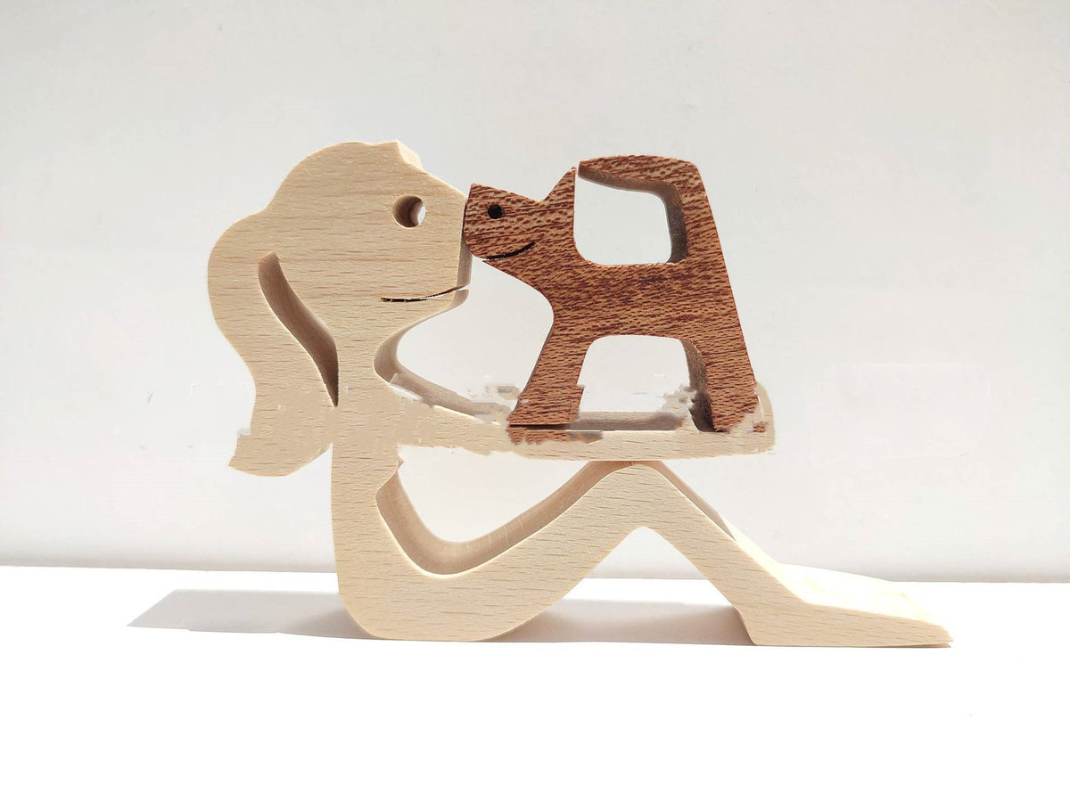 DIY Figurine Wood Dog Ornament Sculpture Home Decoration A Man A Dog Wood Sculpture Christmas Gifts Model Decor PearlNestDecor.com