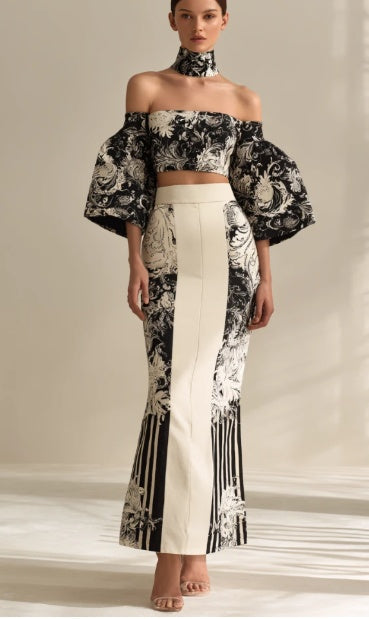 Off-Shoulder Baroque Print Crop Top And Skirt Set NorixaFashion.com