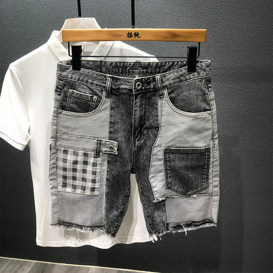 Summer Gray Denim Patchwork Plaid Hip-Hop Shorts Pi-Mart