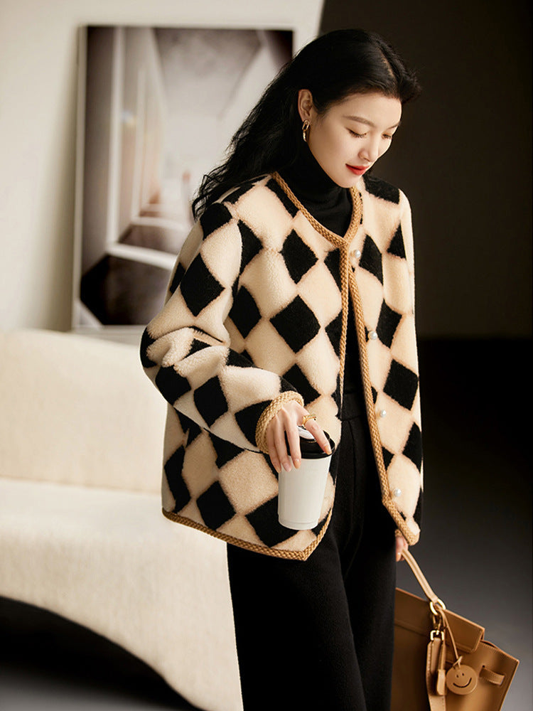 Chessboard Plaid Full Wool Sheepskin Fur Women's Winter Best YouTube Store