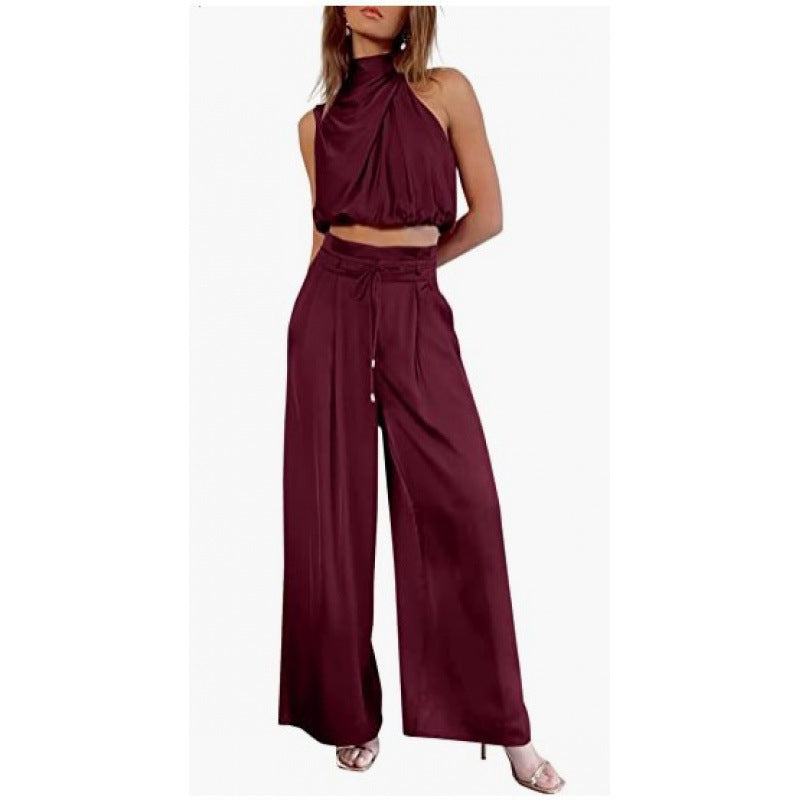 Summer Suits Casual Sleeveless Midriff-baring Top And Wide Leg Pants 2pcs Set Womens Clothing NorixaFashion.com