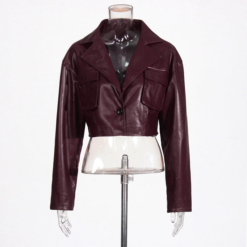 Patchwork Pocket Cropped Leather Coat Women Best YouTube Store