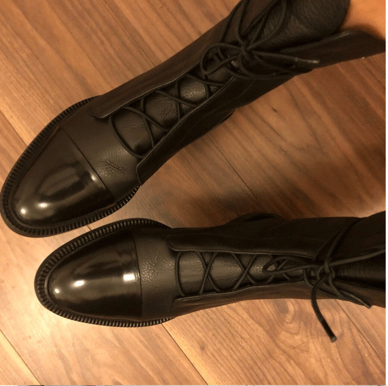 Mid-tube Locomotive Boots Lace-up Black Low-heeled LadyShow.Store