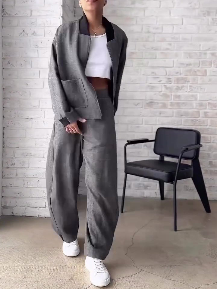 Dark Grey Textured Baseball Collar Zip Jacket & Wide-Leg Pants Set NorixaFashion.com