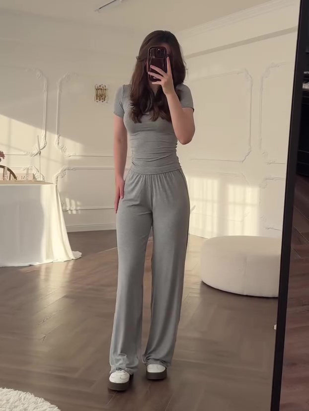 Casual Grey Short-sleeved Top & Wide-leg Pants Suit NorixaFashion.com