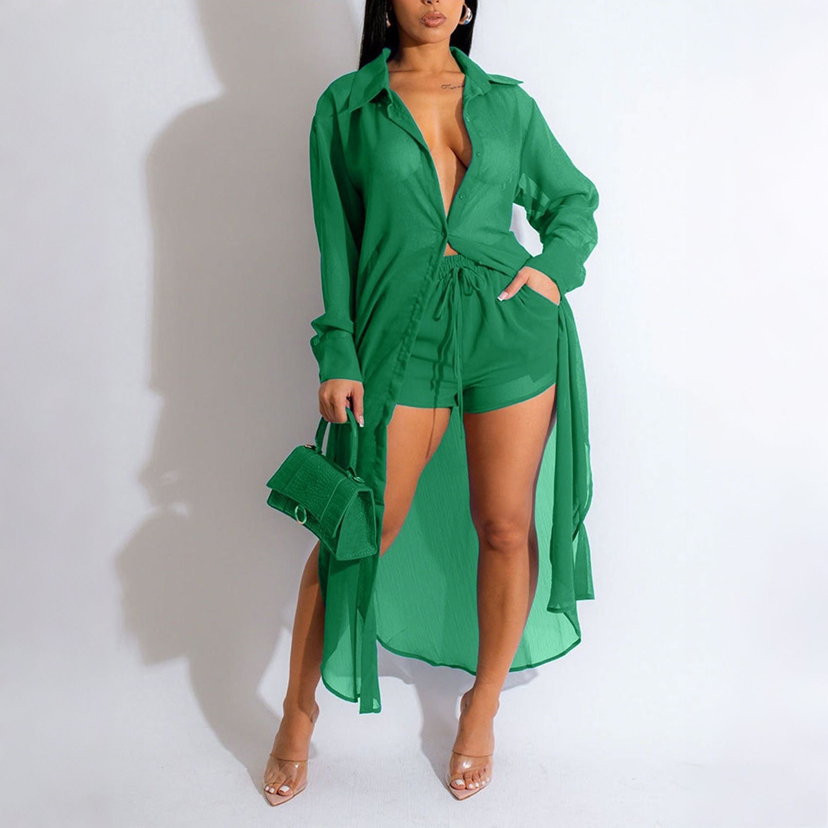 Sheer Long-sleeve Cardigan Buttoned Side-split Blouse And Shorts Set NorixaFashion.com