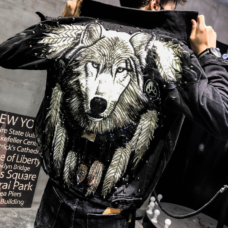 Boy Jeans Jacket Wolf Dog Embroidery Handsome Guy Slim Men's Jacket Best YouTube Store