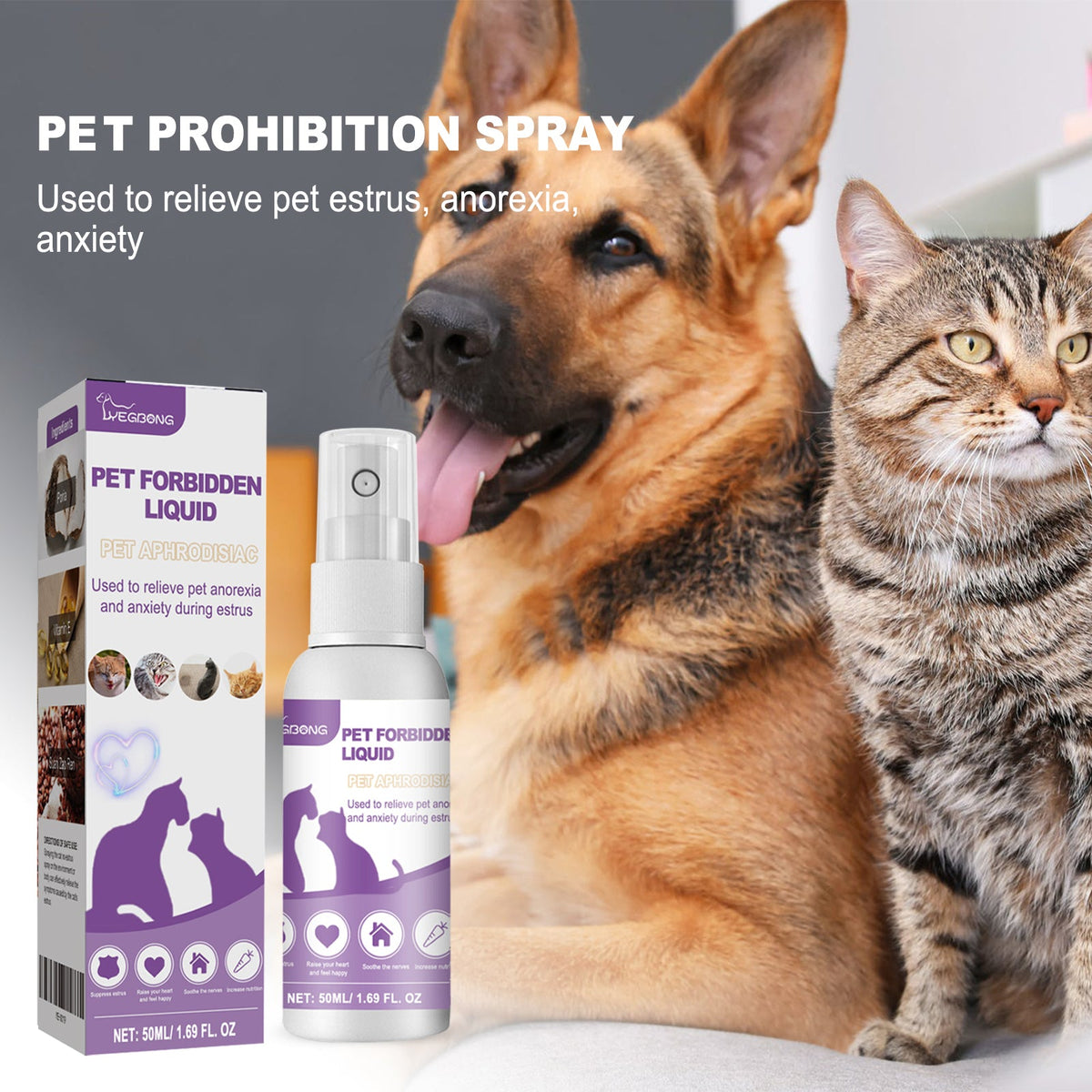 Improve Oestrus, Anxiety, Restrain Sexual Desire, Recuperate Spray, Cat And Dog Special Pet Estrus Inhibiting Liquid 50ml, 1 Box Tri Light Beauty