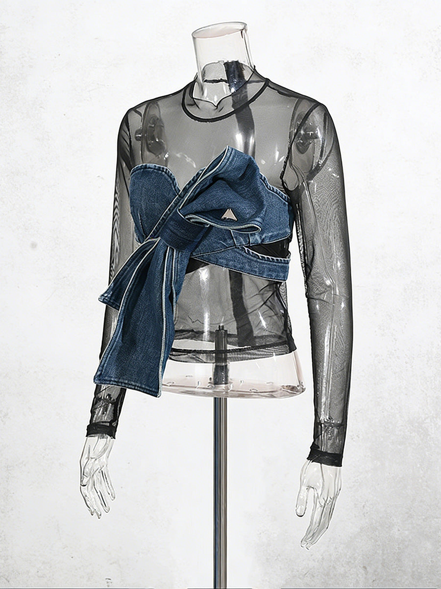 Denim Bow Mesh Overlay Top NorixaFashion.com