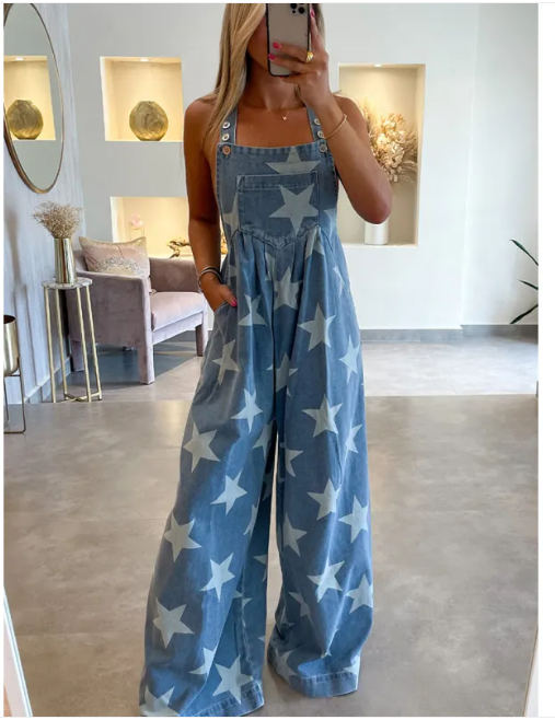 Star Print Denim Romper Pi-Mart