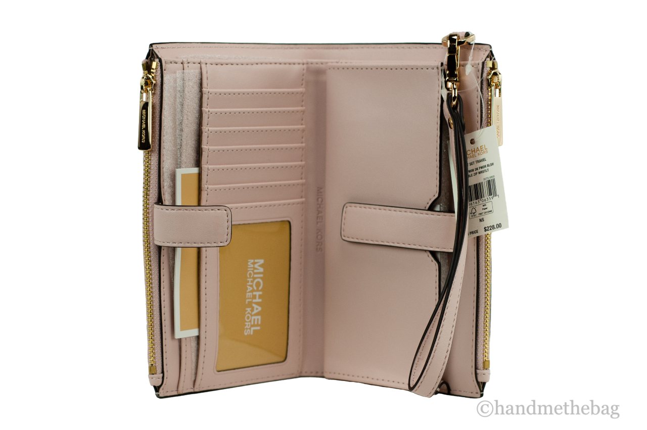 Michael Kors Jet Set Travel Dark Powder Blush PVC Large Double Zip Wrist Wallet LadyShow.Store