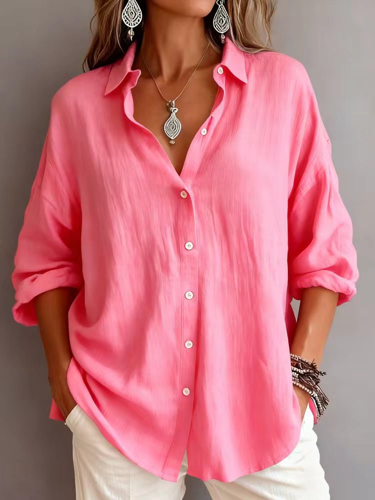 Fashionable Solid-color Long-sleeve Lapel Cardigan Shirt NorixaFashion.com