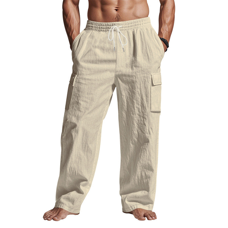 Men's Workwear Multi-pocket Straight Linen Pants Linen Four Seasons Thin Breathable Cargo Pants, Multi-pocket Loose Casual Trendy Wide-leg Pants NorixaFashion.com