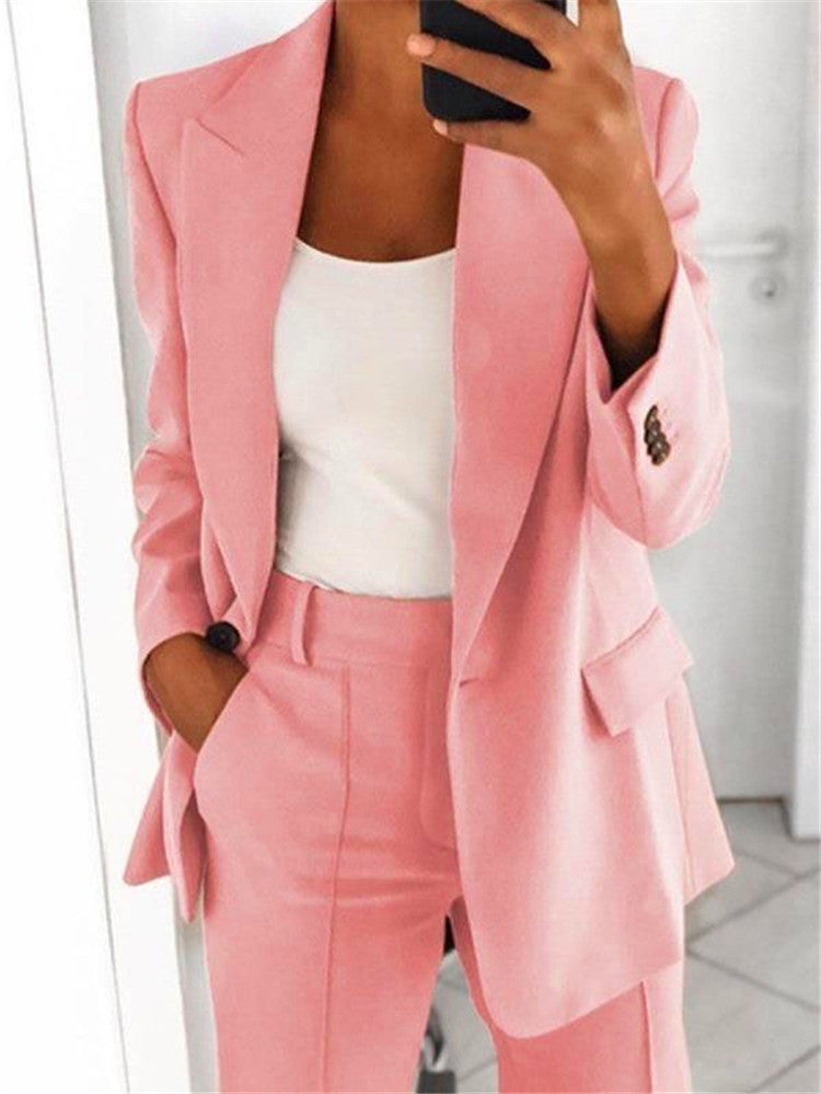 Ins Button Casual Suit Fashion Long-sleeved Lapel Blazer Jacket And Slim-fit Pocket Trousers For Women Clothing NorixaFashion.com