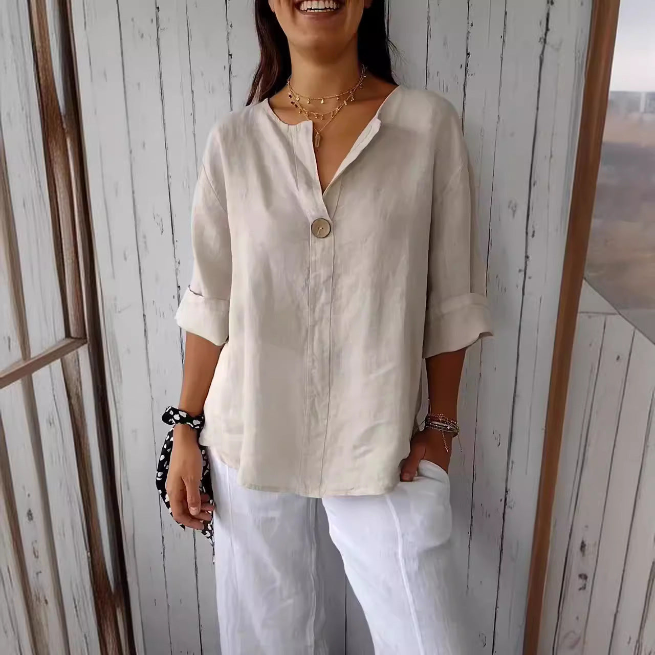V-neck Long-sleeved T-shirt Fashion Loose Cotton And Linen Button Tops For Women NorixaFashion.com