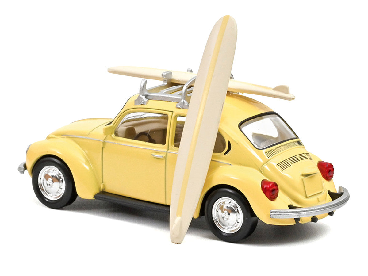 1973 Volkswagen Beetle 1303 Pastel Yellow with Roof Rack and 2 Surfboards 1/43 Diecast Model Car by Norev LuxuryLifeWay Online Store