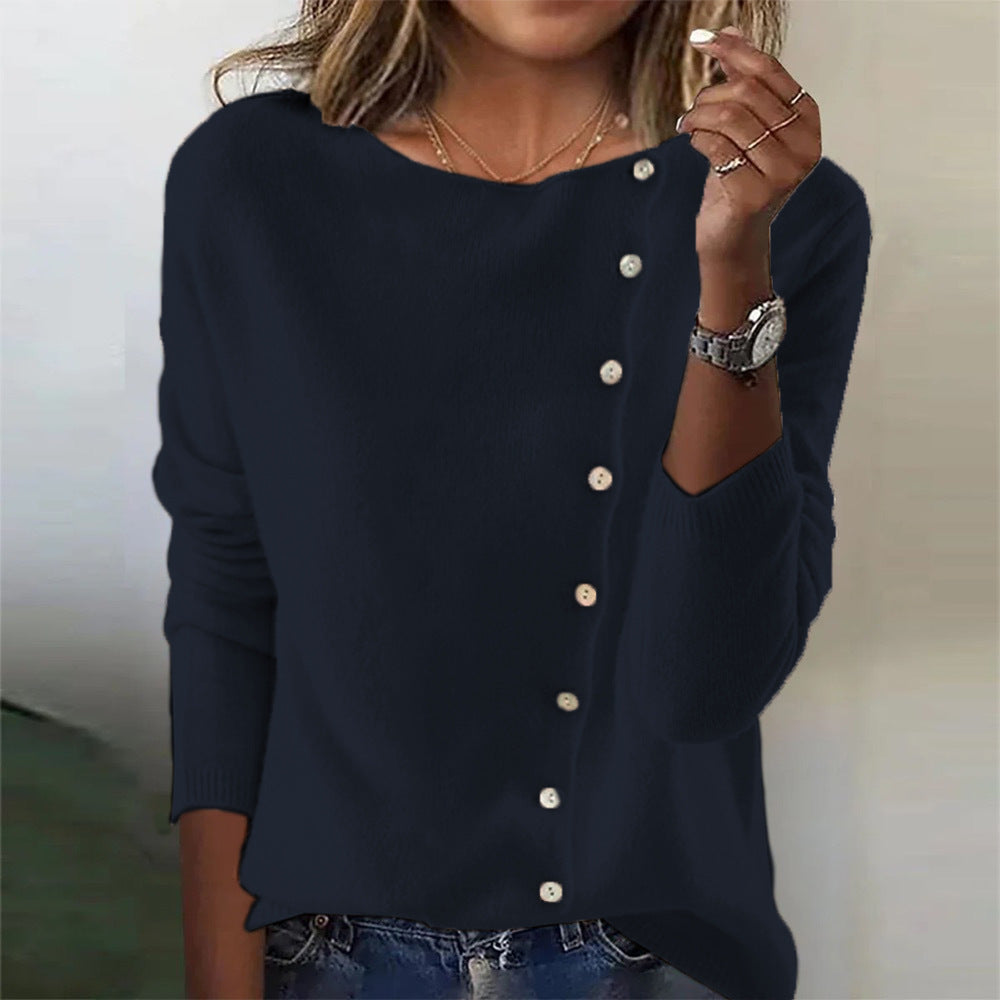 Elegant Round Neck Long Sleeve Button Sweater For Women Fall Spring Knitted Sweaters Tops LadyShow.Store