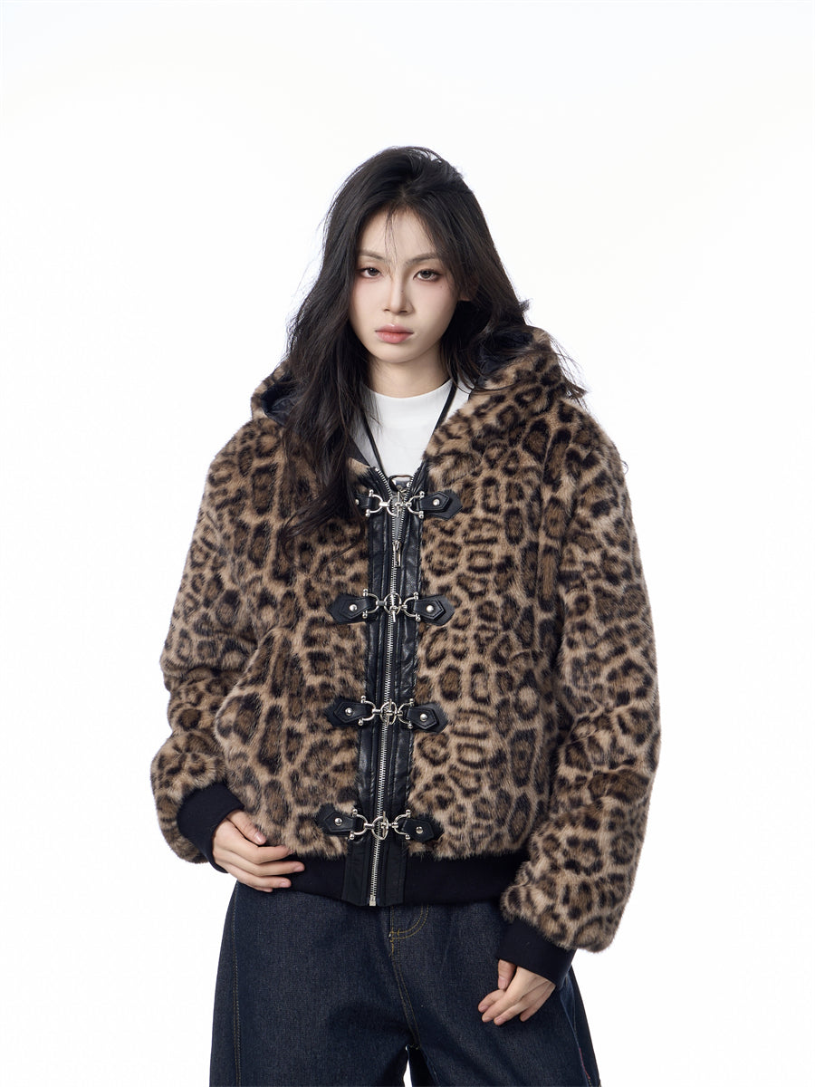 Hooded Jacket Women's Loose Thick Leopard Print Full Print Design Street Coat Best YouTube Store
