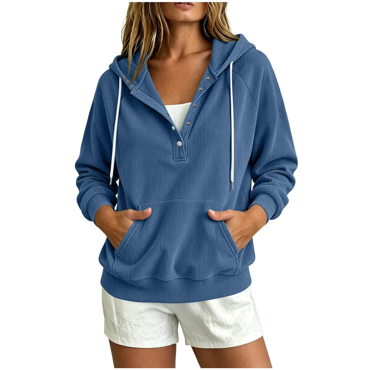 2026 Autumn New Style European Women's Dressy Corduroy Hooded Sweatshirt With Half-Closed Button And Drawstring Loose Top For Women NorixaFashion.com