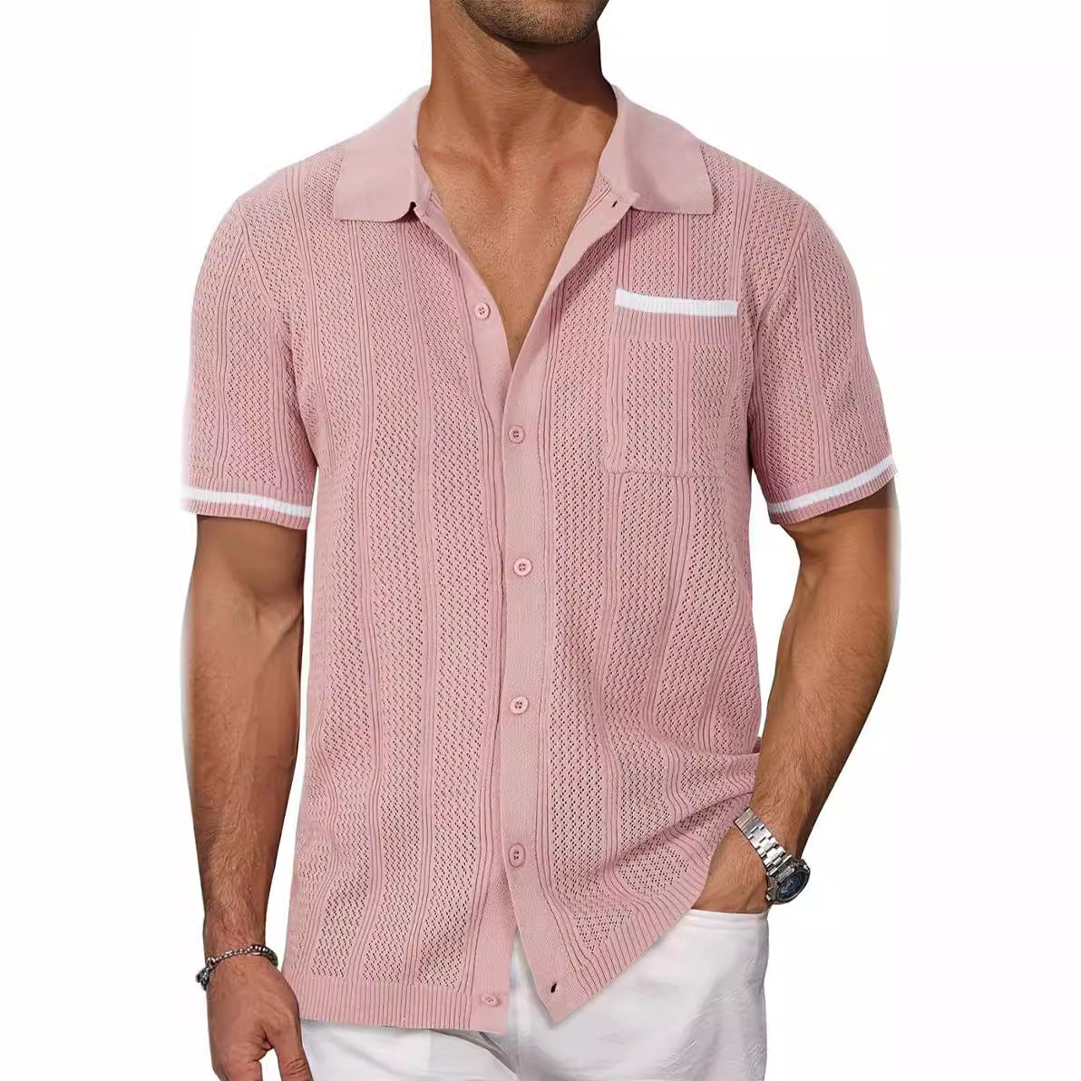 Short-sleeved Shirt Pocket Hollow Breathable Cool Summer Men's Casual Jacket Cardigan NorixaFashion.com