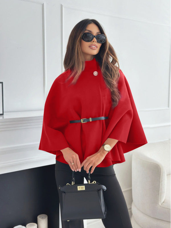 New Stand Collar Batwing Sleeves Cloak Top With Belt Ins Fashion Temperament Jacket Woolen Sweater Outwear For Women Clothing LadyShow.Store