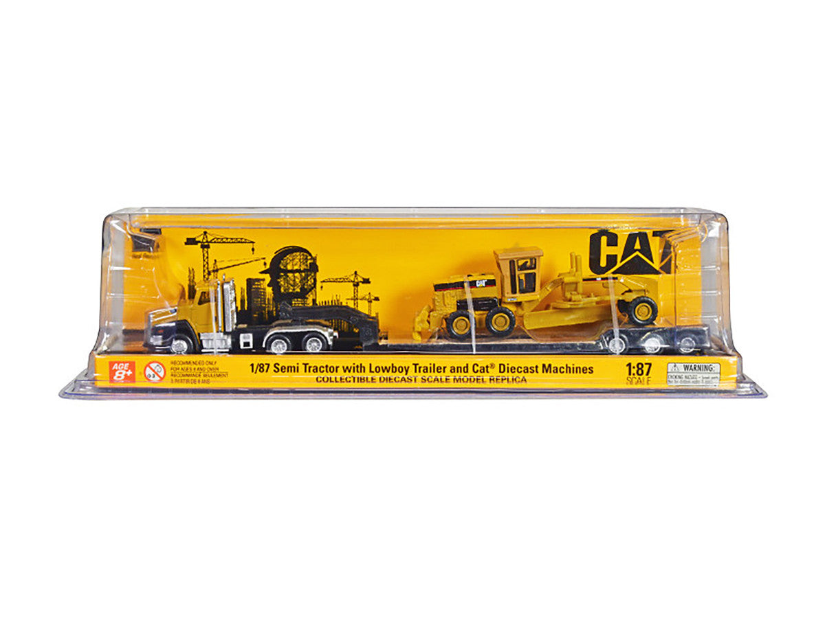 CAT Caterpillar CT660 Day Cab Tractor Yellow with Lowboy Trailer and CAT 163H Motor Grader Yellow 1/87 (HO) Diecast Model by Diecast Masters LuxuryLifeWay Online Store