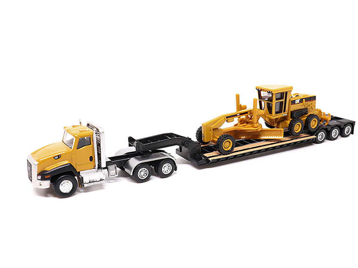 CAT Caterpillar CT660 Day Cab Tractor Yellow with Lowboy Trailer and CAT 163H Motor Grader Yellow 1/87 (HO) Diecast Model by Diecast Masters LuxuryLifeWay Online Store
