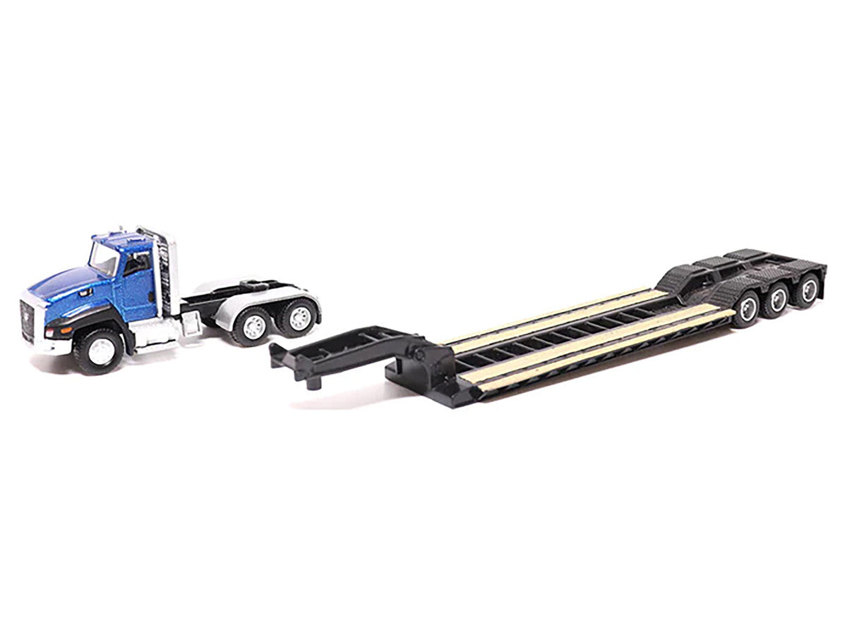 CAT Caterpillar CT660 Day Cab Tractor Blue Metallic with Lowboy Trailer and CAT 315C L Hydraulic Excavator Yellow 1/87 (HO) Diecast Model by Diecast Masters LuxuryLifeWay Online Store