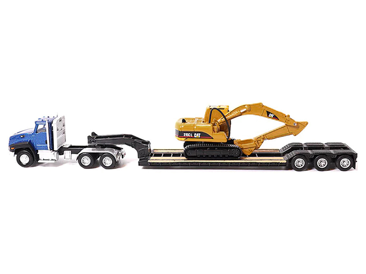 CAT Caterpillar CT660 Day Cab Tractor Blue Metallic with Lowboy Trailer and CAT 315C L Hydraulic Excavator Yellow 1/87 (HO) Diecast Model by Diecast Masters LuxuryLifeWay Online Store