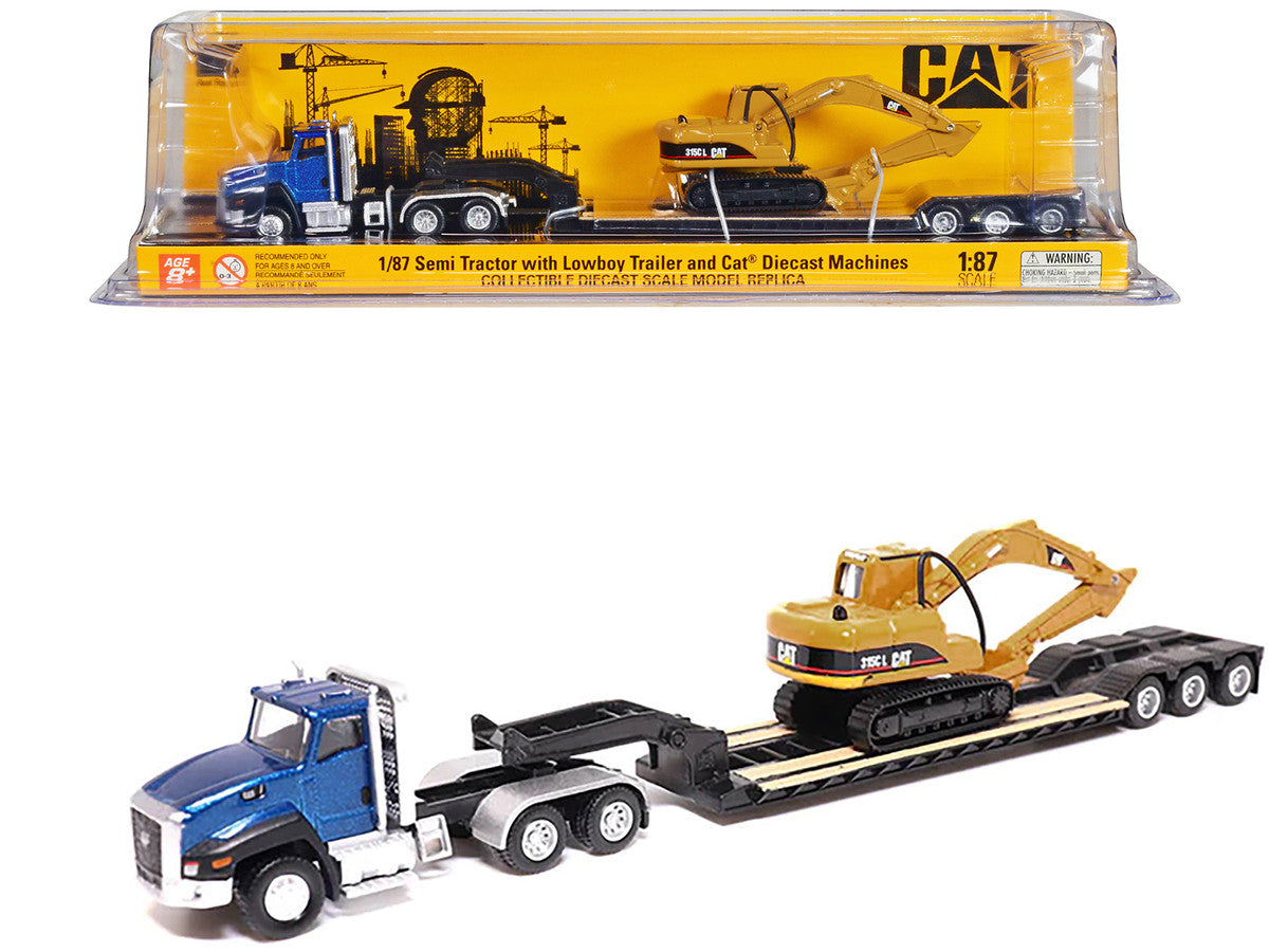 CAT Caterpillar CT660 Day Cab Tractor Blue Metallic with Lowboy Trailer and CAT 315C L Hydraulic Excavator Yellow 1/87 (HO) Diecast Model by Diecast Masters LuxuryLifeWay Online Store
