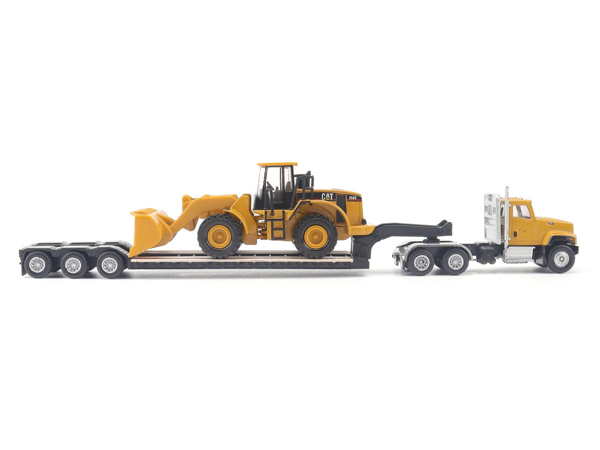 CAT Caterpillar CT681 Day Cab Tractor Yellow with Lowboy Trailer and CAT 950G Wheel Loader Yellow 1/87 (HO) Diecast Model by Diecast Masters LuxuryLifeWay Online Store
