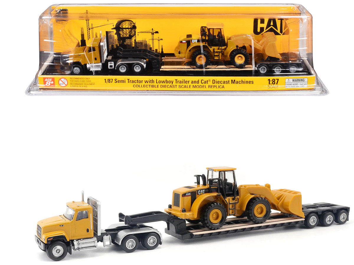 CAT Caterpillar CT681 Day Cab Tractor Yellow with Lowboy Trailer and CAT 950G Wheel Loader Yellow 1/87 (HO) Diecast Model by Diecast Masters LuxuryLifeWay Online Store