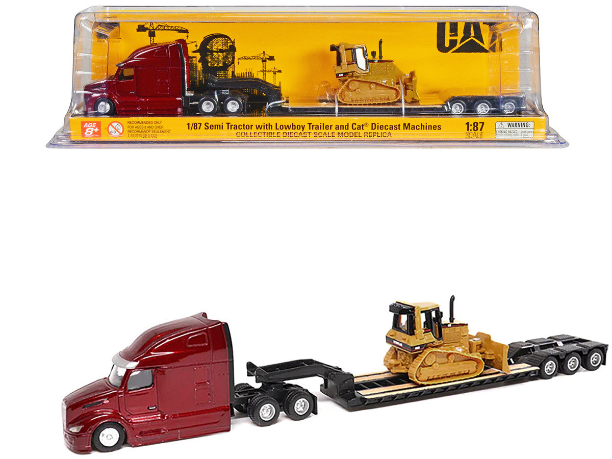 Peterbilt 579 UltraLoft Tandem Tractor Red Metallic with Lowboy Trailer and CAT D5M Dozer Yellow 1/87 (HO) Diecast Model by Diecast Masters LuxuryLifeWay Online Store