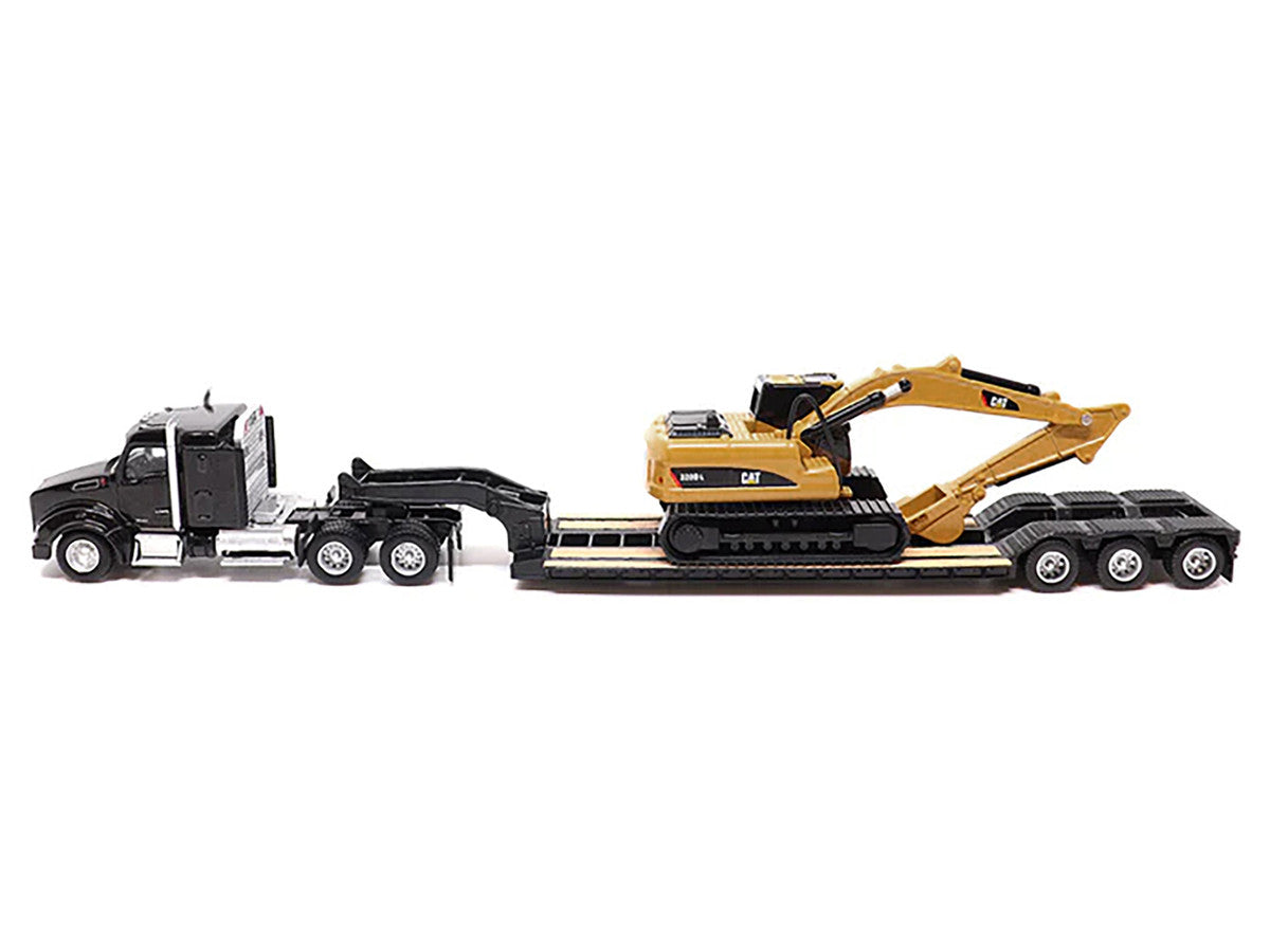 Kenworth T880 SBFS Sleeper Tandem Tractor Black with Lowboy Trailer and CAT 320D L Hydraulic Excavator Yellow 1/87 (HO) Diecast Model by Diecast Masters LuxuryLifeWay Online Store