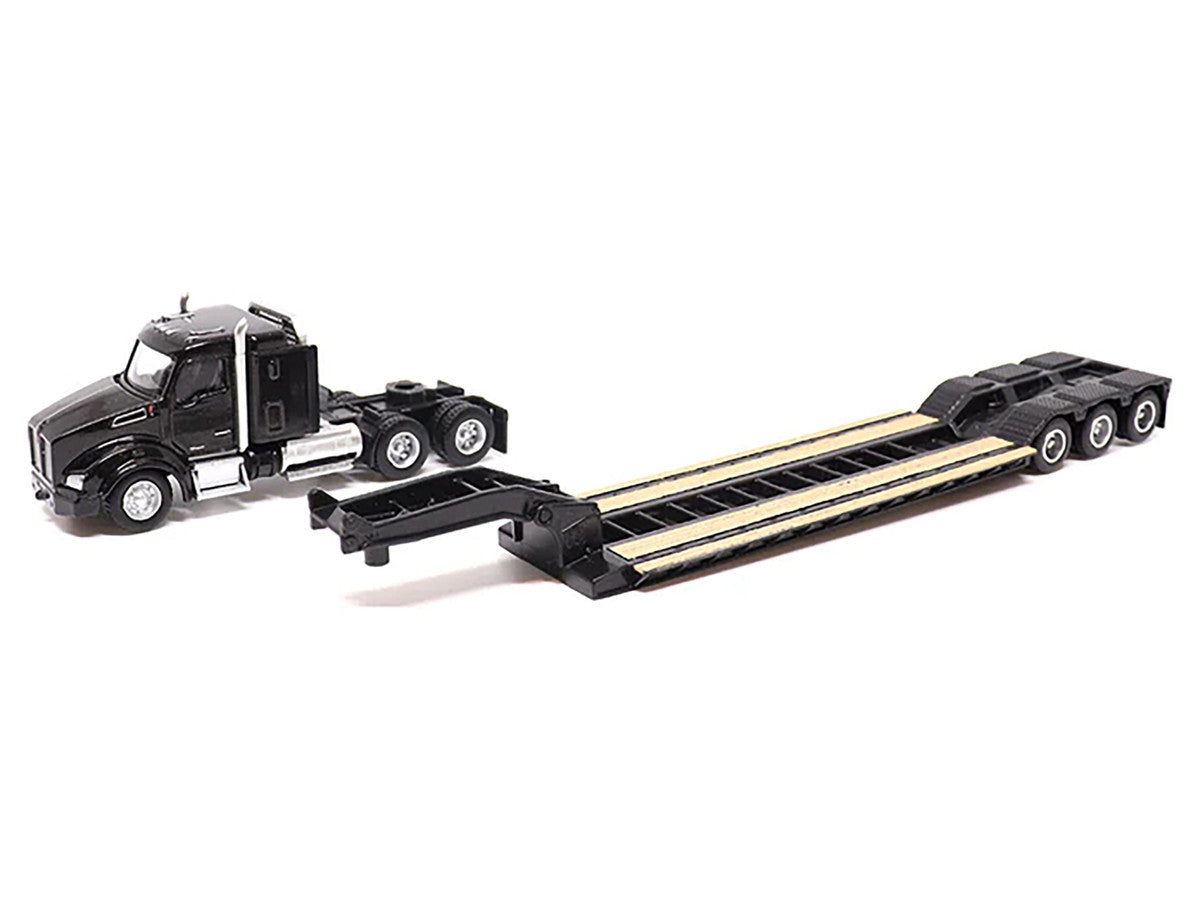 Kenworth T880 SBFS Sleeper Tandem Tractor Black with Lowboy Trailer and CAT 320D L Hydraulic Excavator Yellow 1/87 (HO) Diecast Model by Diecast Masters LuxuryLifeWay Online Store