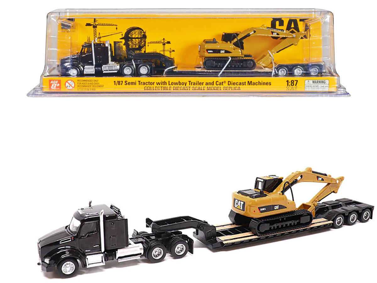 Kenworth T880 SBFS Sleeper Tandem Tractor Black with Lowboy Trailer and CAT 320D L Hydraulic Excavator Yellow 1/87 (HO) Diecast Model by Diecast Masters LuxuryLifeWay Online Store