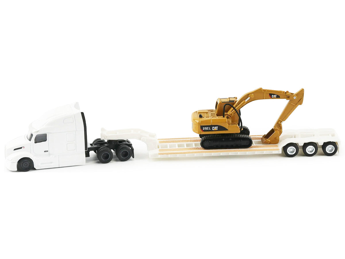 Peterbilt 579 Tractor White with Lowboy Trailer and CAT 315C Excavator Yellow 1/87 (HO) Diecast Model by Diecast Masters LuxuryLifeWay Online Store