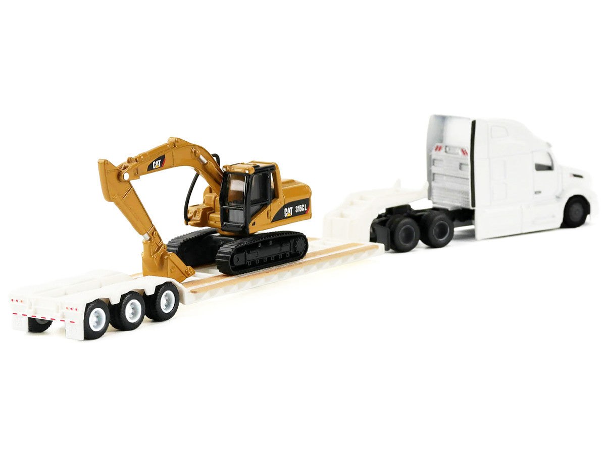 Peterbilt 579 Tractor White with Lowboy Trailer and CAT 315C Excavator Yellow 1/87 (HO) Diecast Model by Diecast Masters LuxuryLifeWay Online Store