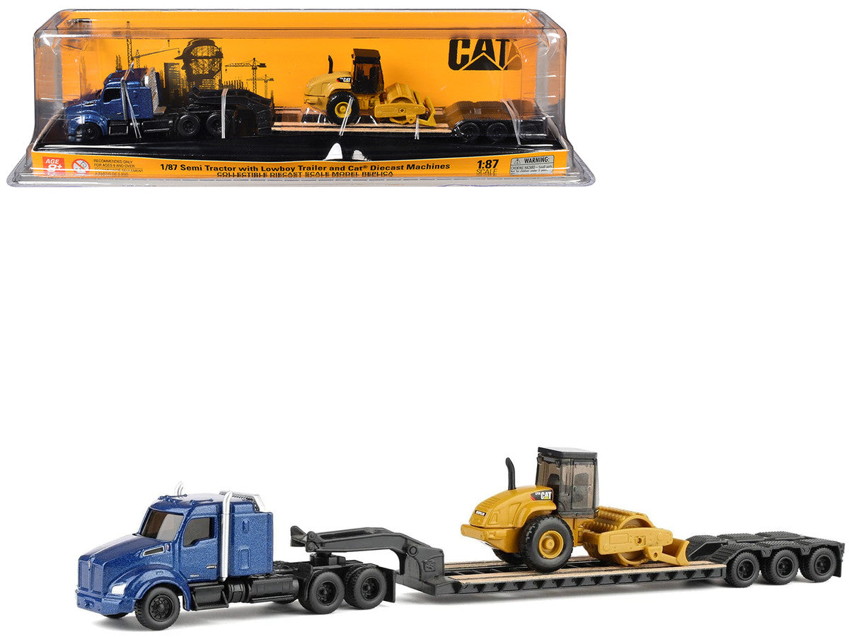 Kenworth T880 Tractor Blue Metallic with Lowboy Trailer and CAT Padfoot Roller Yellow 1/87 (HO) Diecast Model by Diecast Masters LuxuryLifeWay Online Store