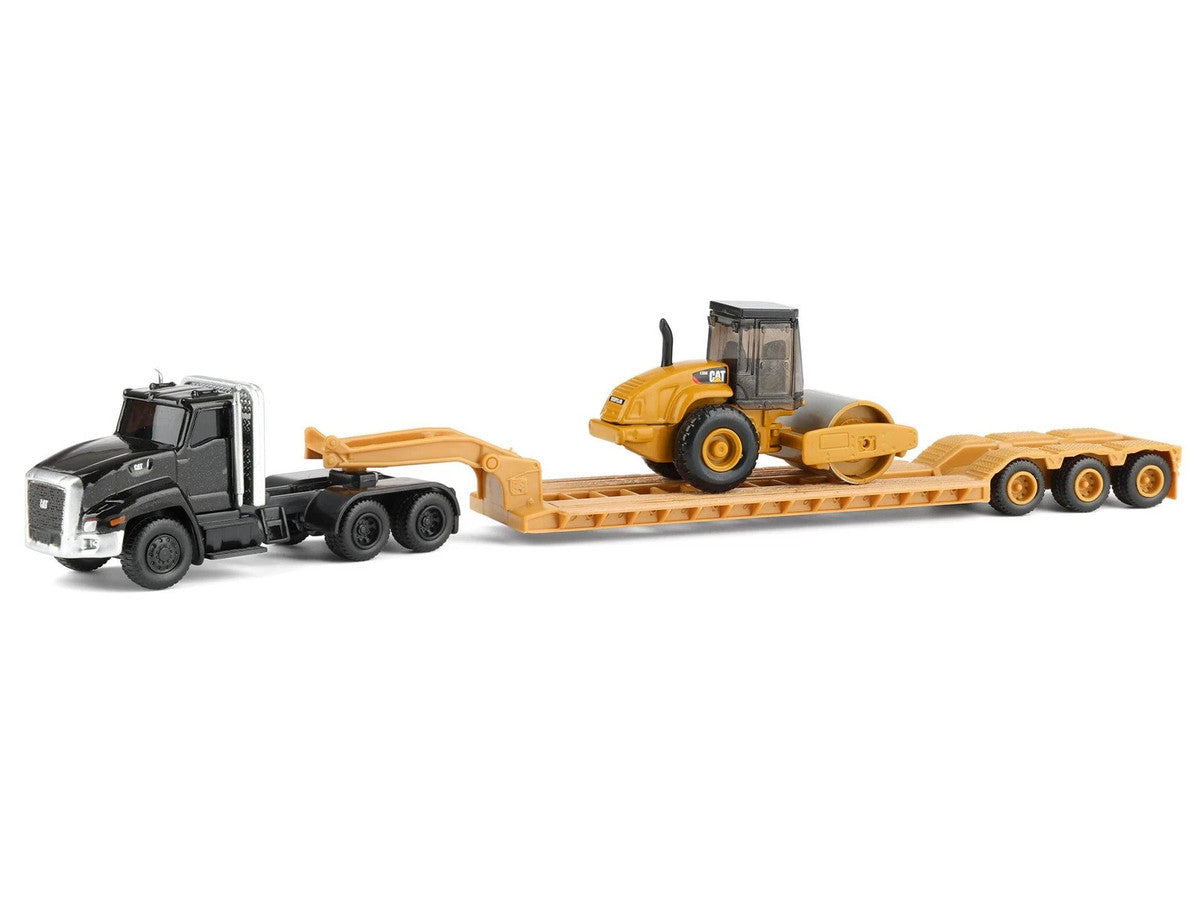 Kenworth T880 Tractor Black with Lowboy Trailer and CAT Roller Yellow 1/87 (HO) Diecast Model by Diecast Masters LuxuryLifeWay Online Store