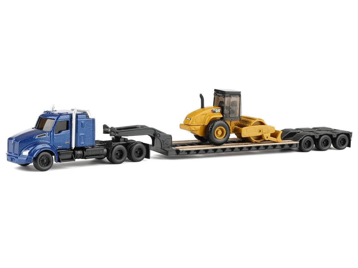 Kenworth T880 Tractor Blue Metallic with Lowboy Trailer and CAT Padfoot Roller Yellow 1/87 (HO) Diecast Model by Diecast Masters LuxuryLifeWay Online Store