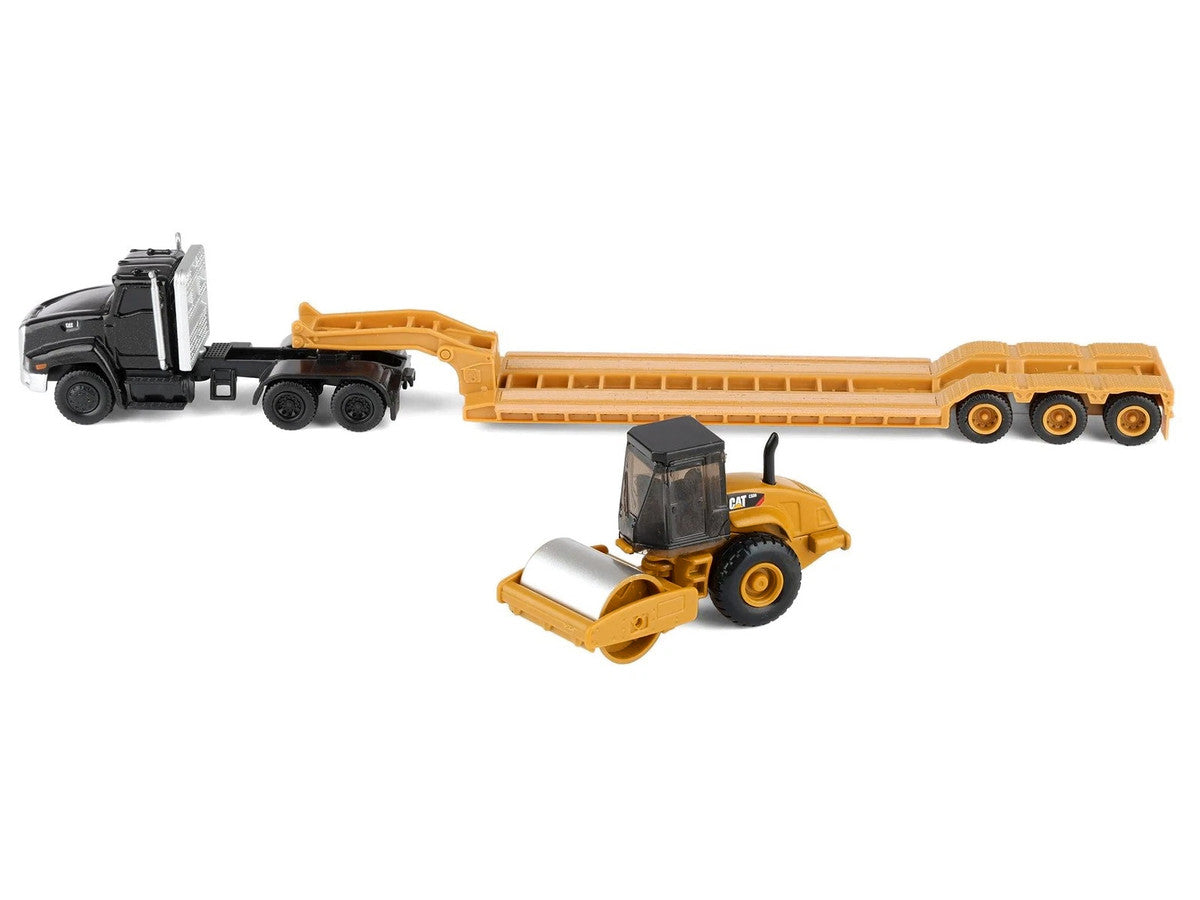 Kenworth T880 Tractor Black with Lowboy Trailer and CAT Roller Yellow 1/87 (HO) Diecast Model by Diecast Masters LuxuryLifeWay Online Store