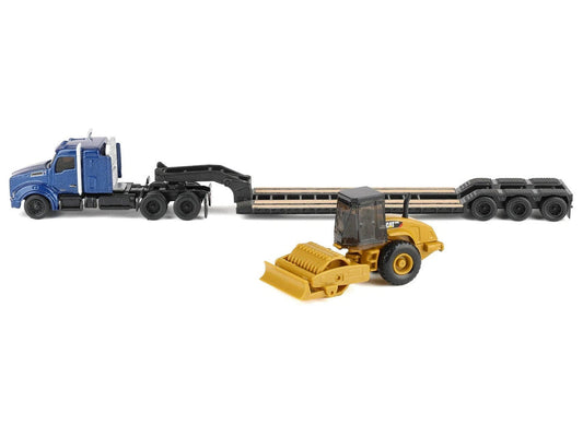 Kenworth T880 Tractor Blue Metallic with Lowboy Trailer and CAT Padfoot Roller Yellow 1/87 (HO) Diecast Model by Diecast Masters LuxuryLifeWay Online Store