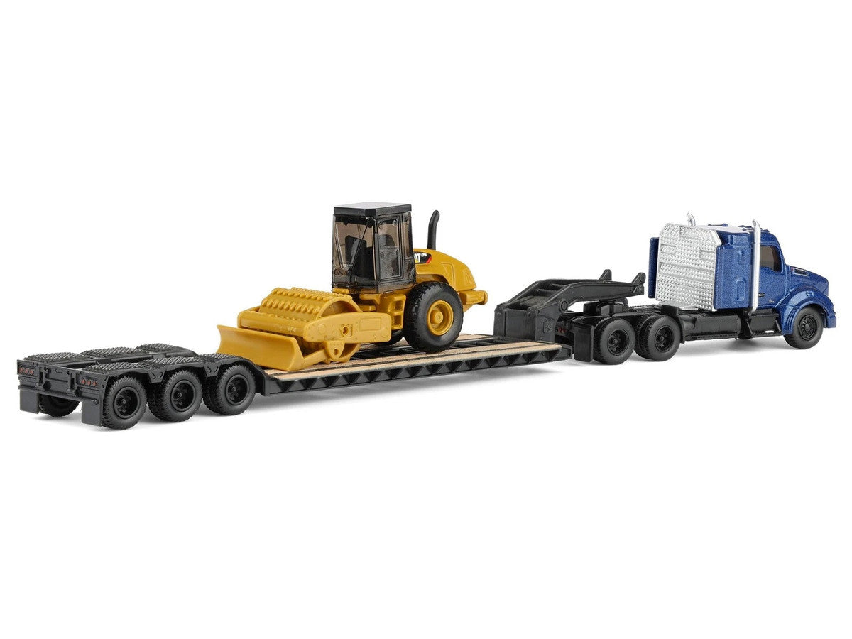 Kenworth T880 Tractor Blue Metallic with Lowboy Trailer and CAT Padfoot Roller Yellow 1/87 (HO) Diecast Model by Diecast Masters LuxuryLifeWay Online Store