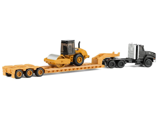 Kenworth T880 Tractor Black with Lowboy Trailer and CAT Roller Yellow 1/87 (HO) Diecast Model by Diecast Masters LuxuryLifeWay Online Store