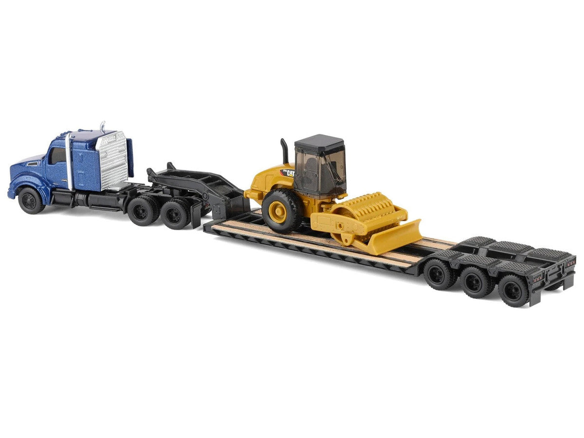 Kenworth T880 Tractor Blue Metallic with Lowboy Trailer and CAT Padfoot Roller Yellow 1/87 (HO) Diecast Model by Diecast Masters LuxuryLifeWay Online Store